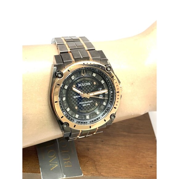 Bulova Men's Watch Precisionist 98D149 Quartz Diamond Dial Rose Gold Gunmetal - Picture 12 of 15